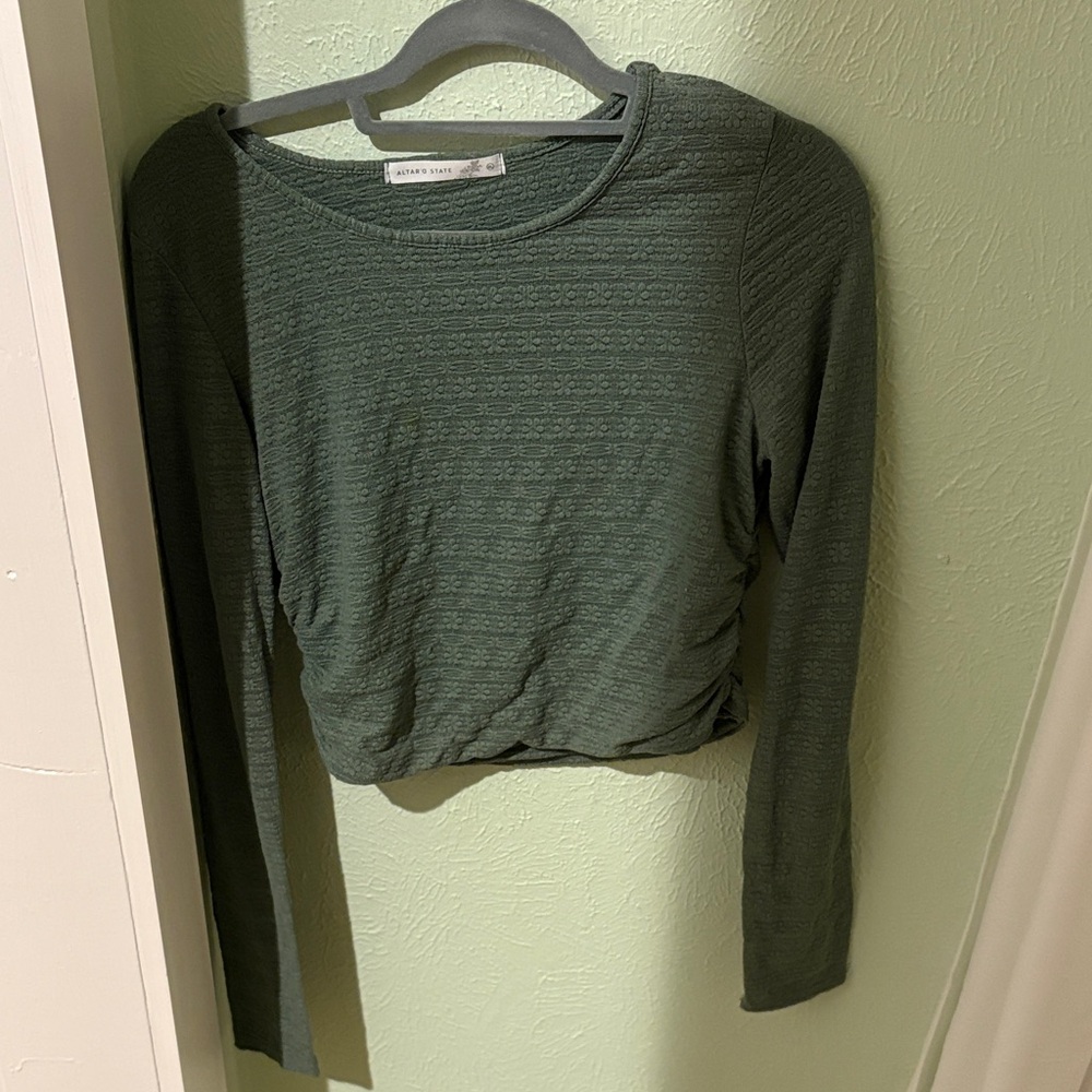 Textured Olive Long Sleeve Crop Top